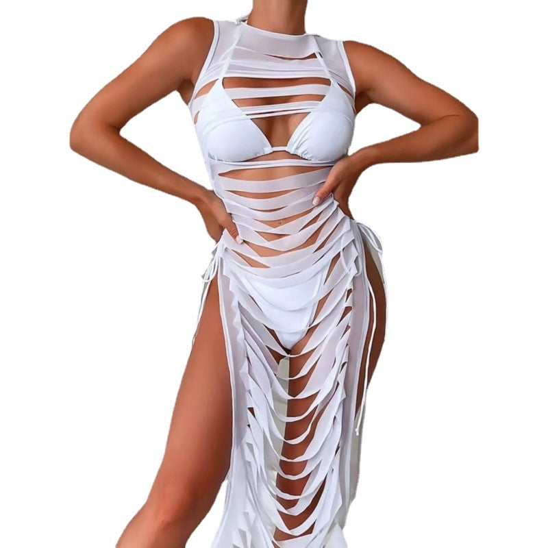 Pure Color Bikini Personality Empty Dress Three Piece Swimsuit - WOMONA.COM