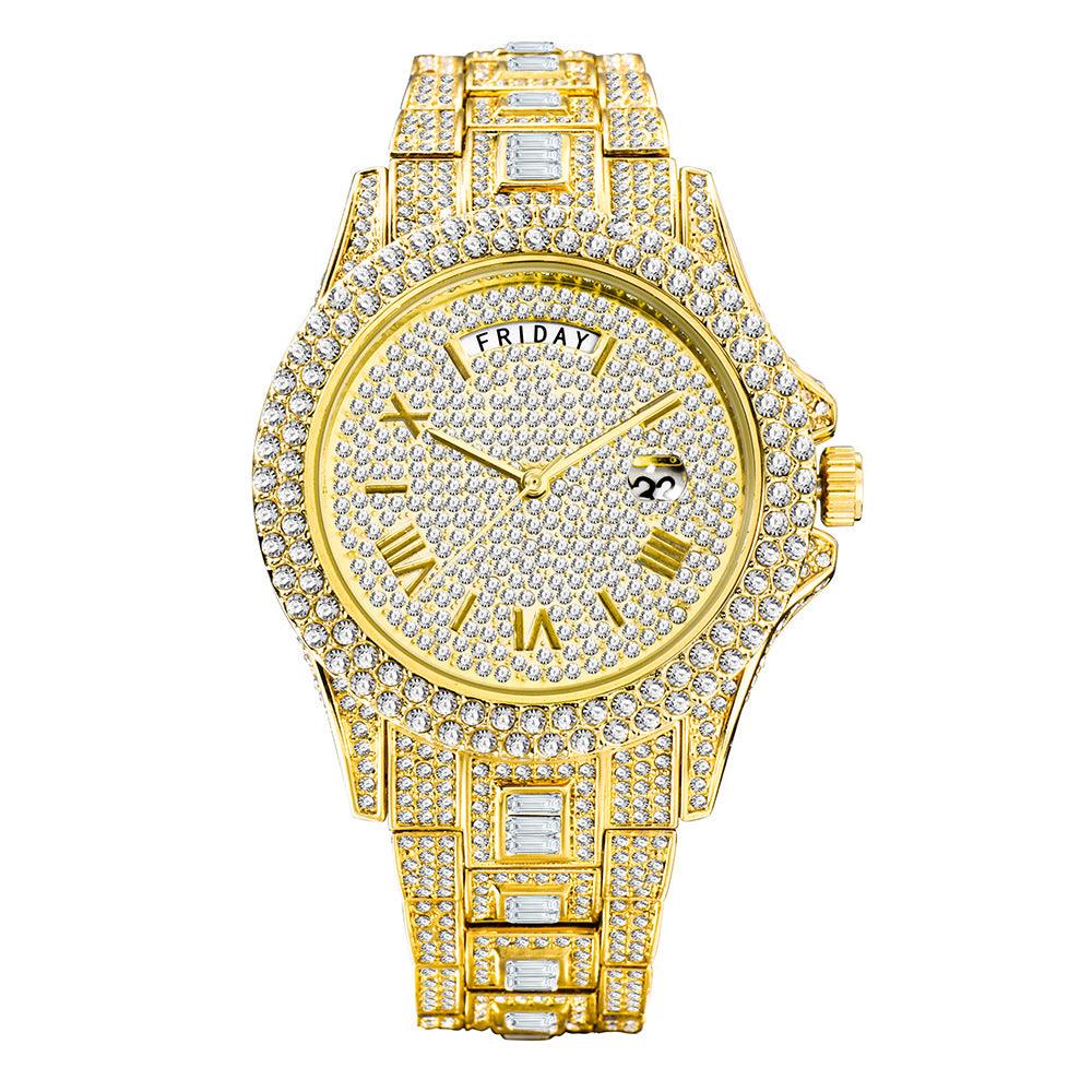 Gold diamond luxury quartz watch with gold-tone link bracelet, white rhinestone dial, roman markers