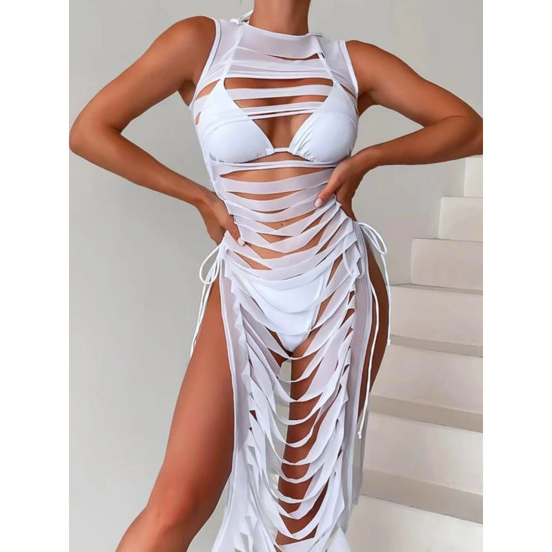 Pure Color Bikini Personality Empty Dress Three Piece Swimsuit - WOMONA.COM