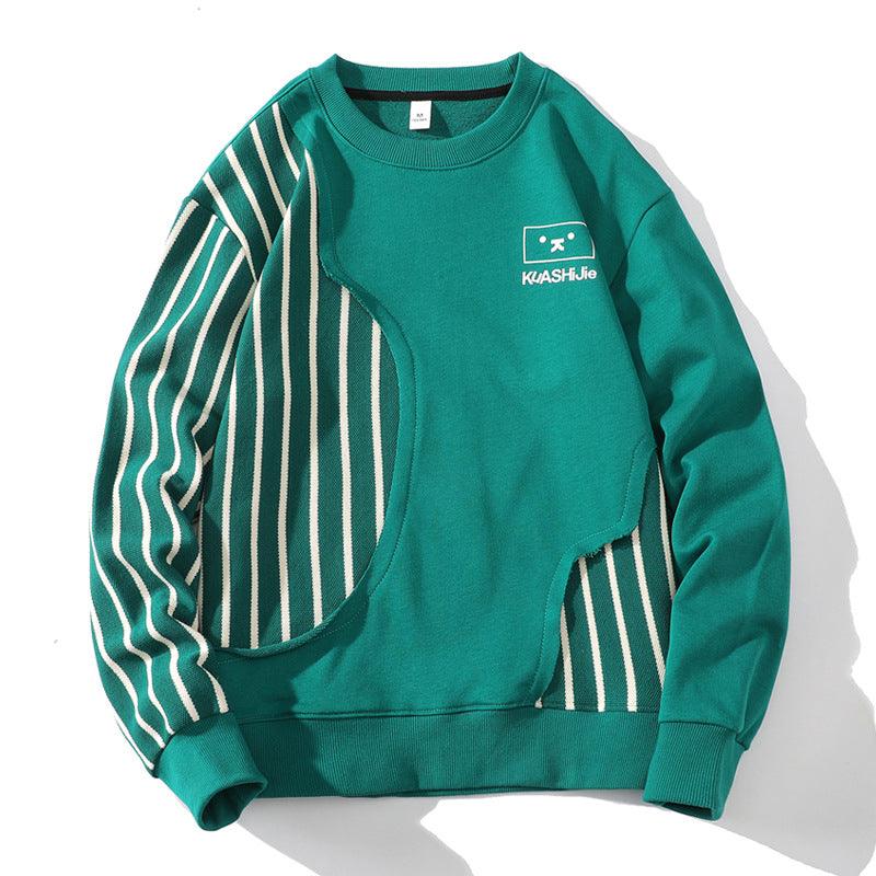 Loose Sports Long-sleeved T-shirt Patchwork Stripes Printed Men's Clothing Round-neck Sweater - WOMONA.COM