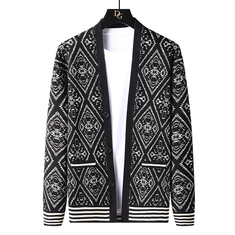 New Jacquard Cardigan V-neck Sweater Men - WOMONA.COM