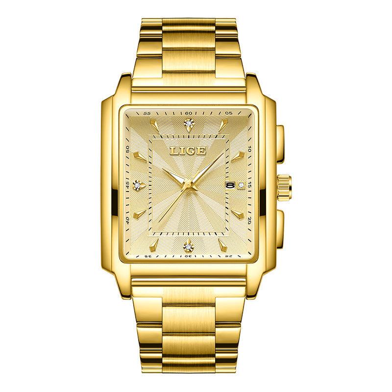 Gold square dial steel watch with light face, metal link bracelet, front view