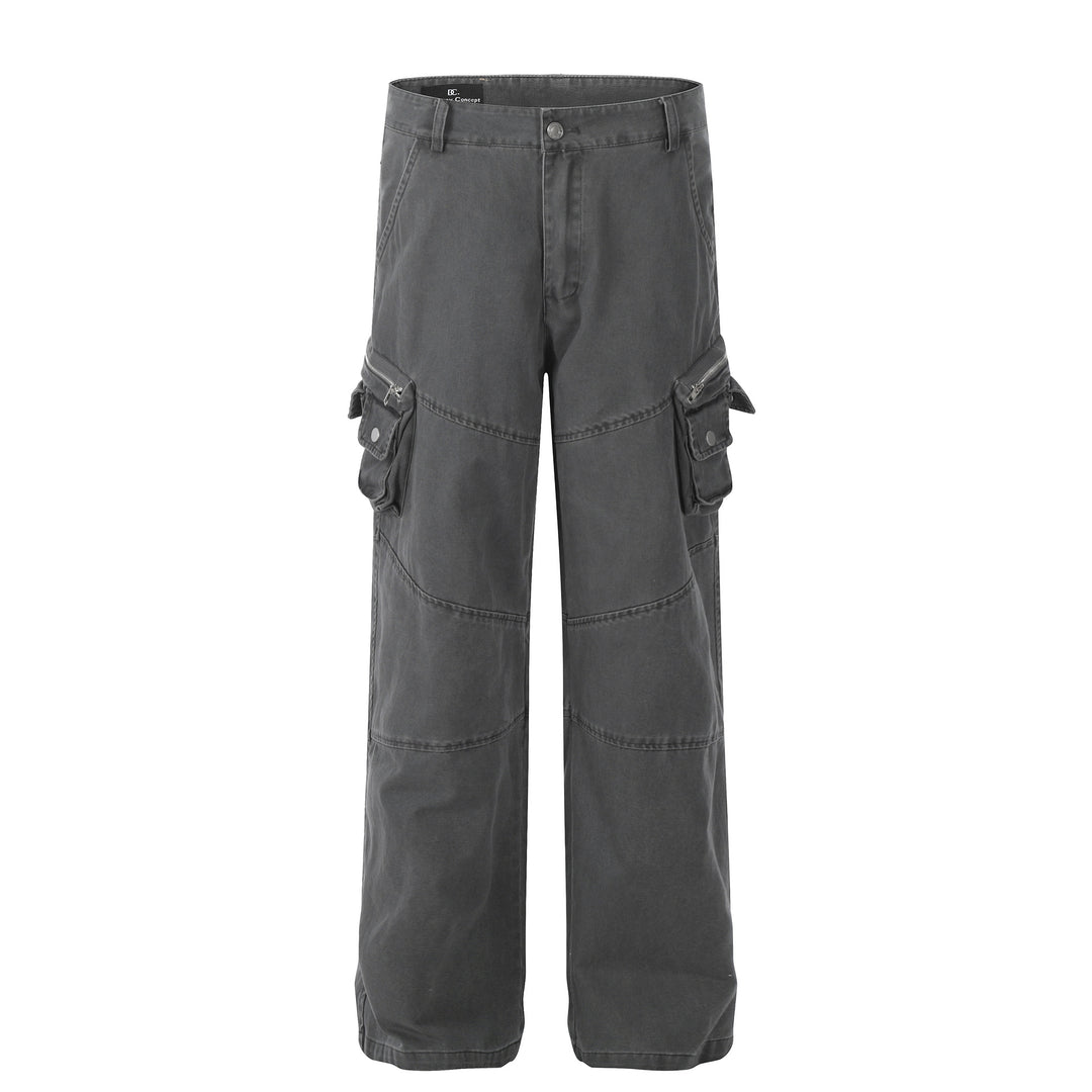 Men's gray loose cargo work pants with flap side pockets and button waist