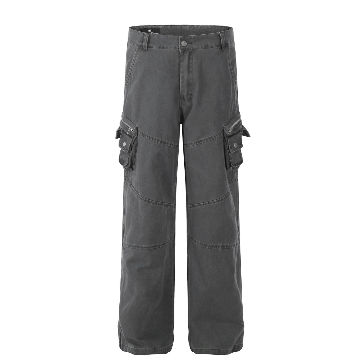 Men's gray loose cargo work pants with stitched knee panels and flap side pockets