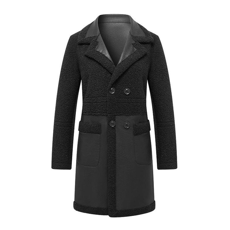 Women's black long leather top with shawl collar, double-breasted front and belted waist