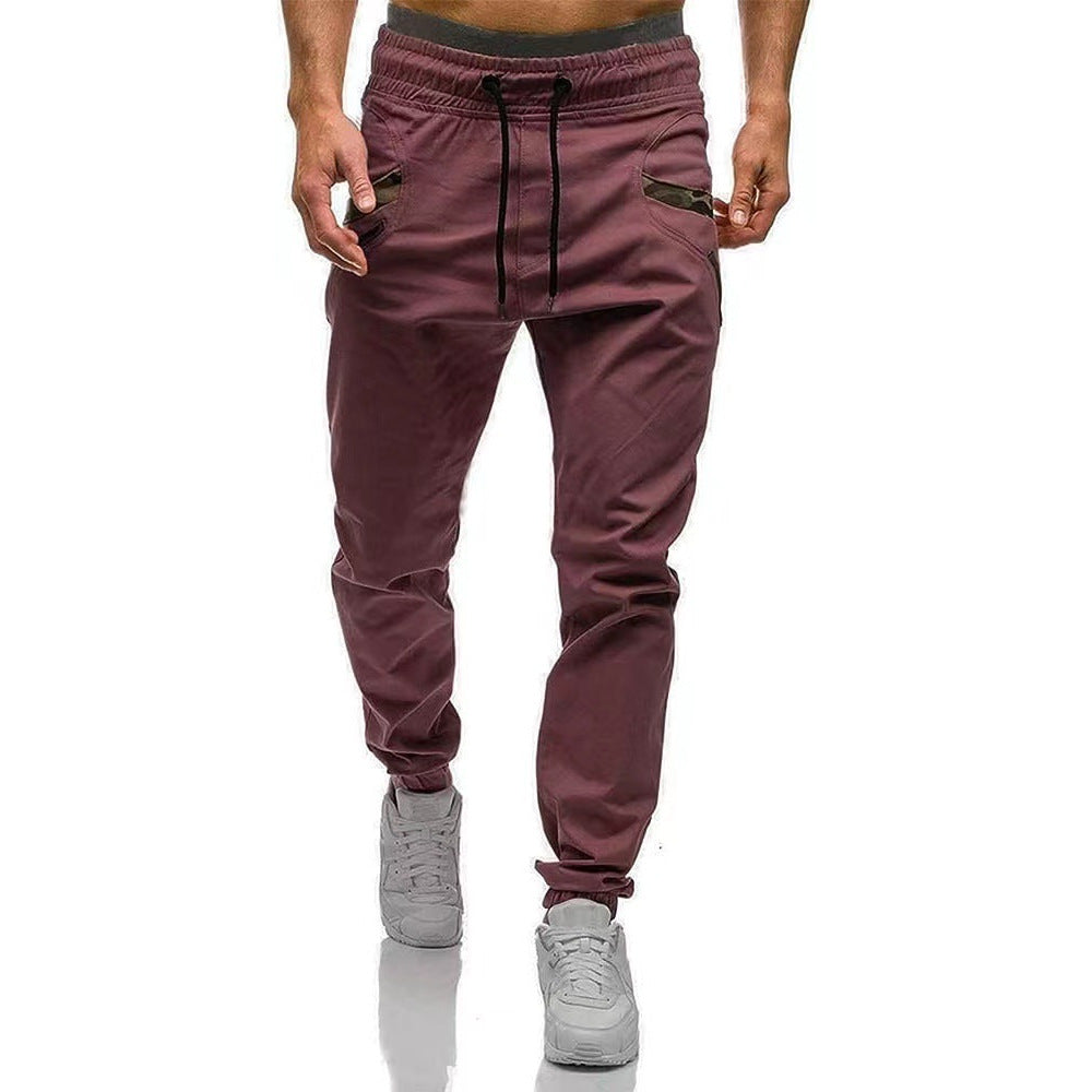 Wine red straight cargo pants with elastic waistband and drawstring, side pockets