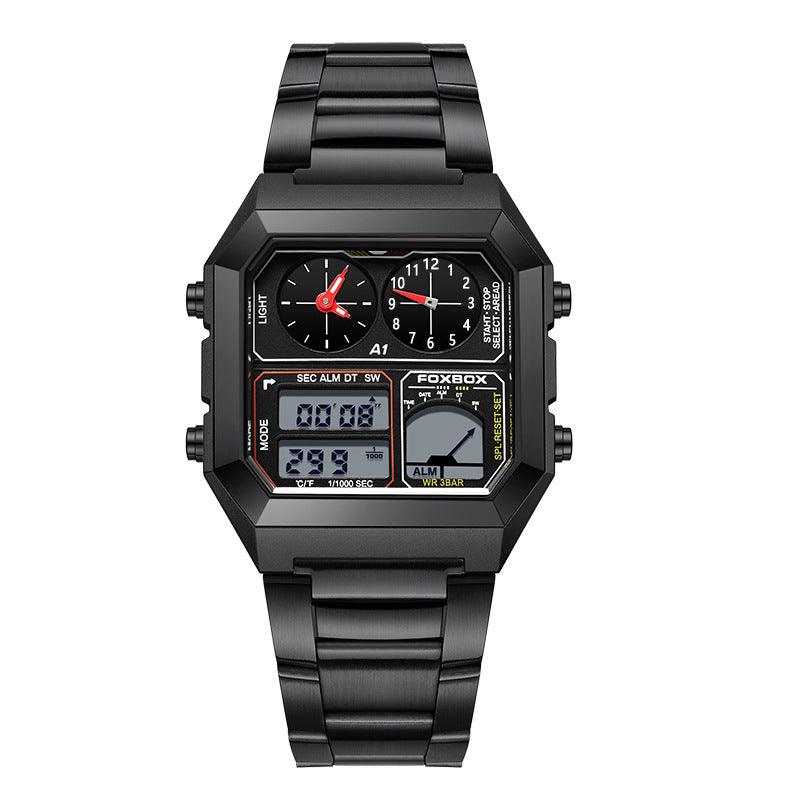 Black sports chronograph watch with dual digital displays, red seconds hand, metal bracelet