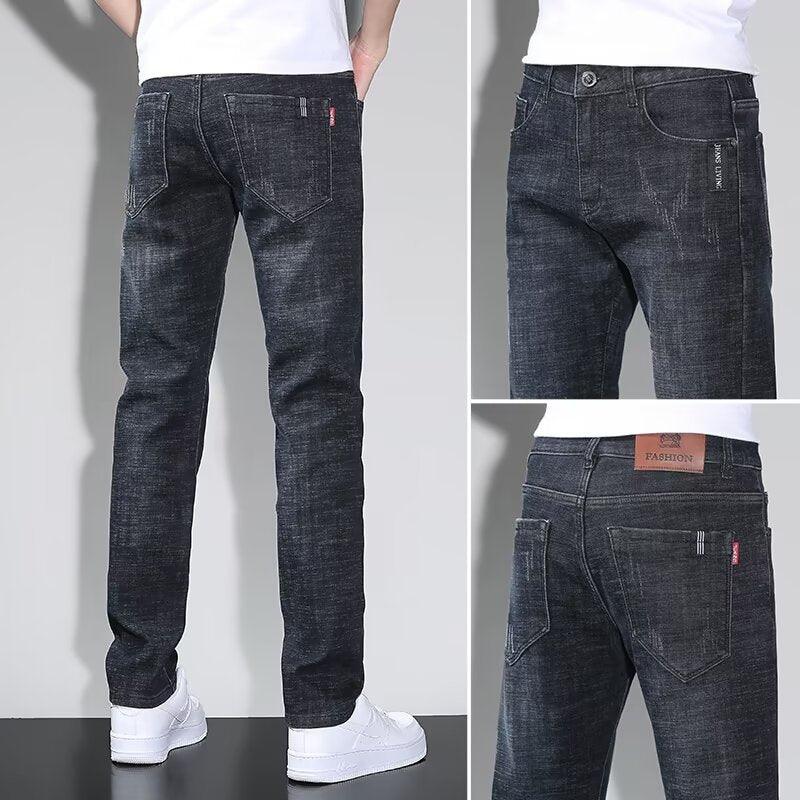 Men's dark gray washed jeans, slim straight leg, five-pocket, belt loops