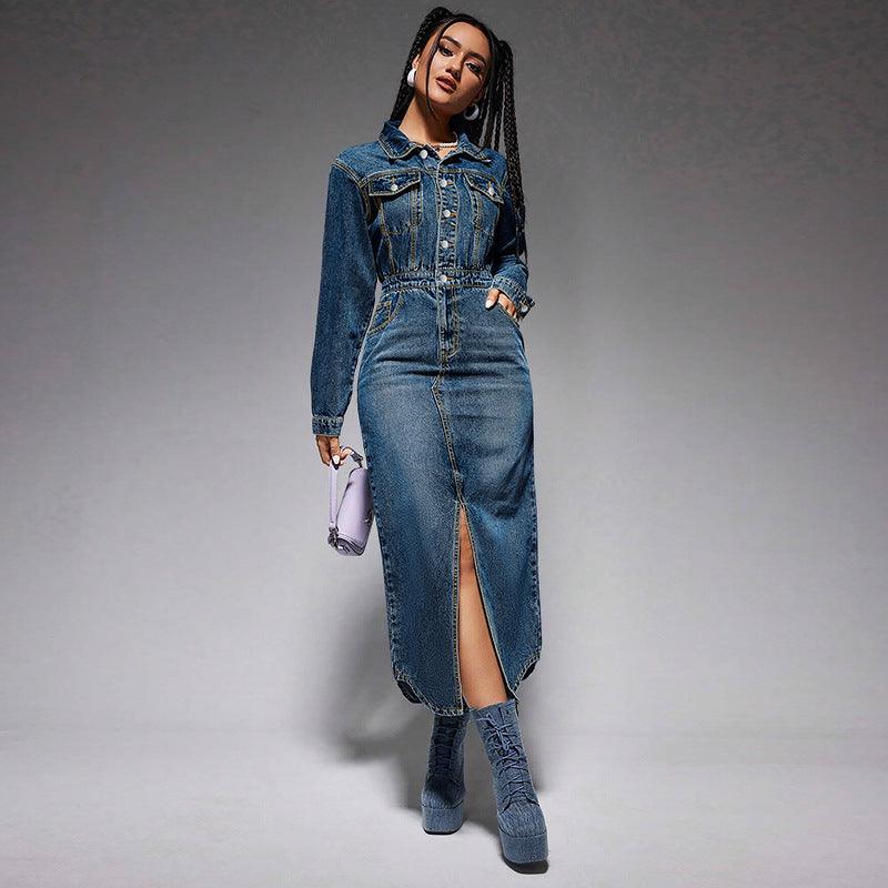 Blue denim long dress with collared button front, fitted waist, front slit