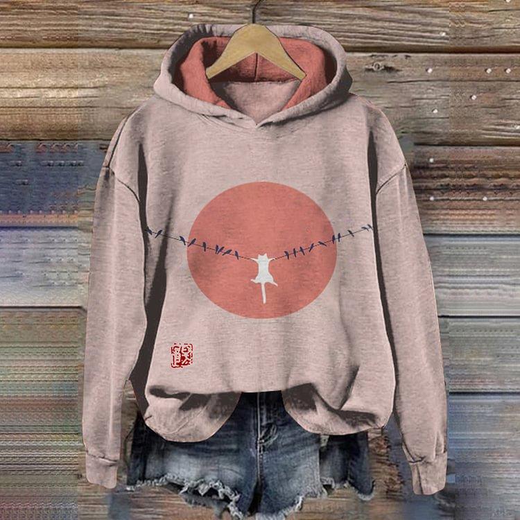 Mysterious Cat Art Print Stitching Hoodie Sweater - WOMONA.COM