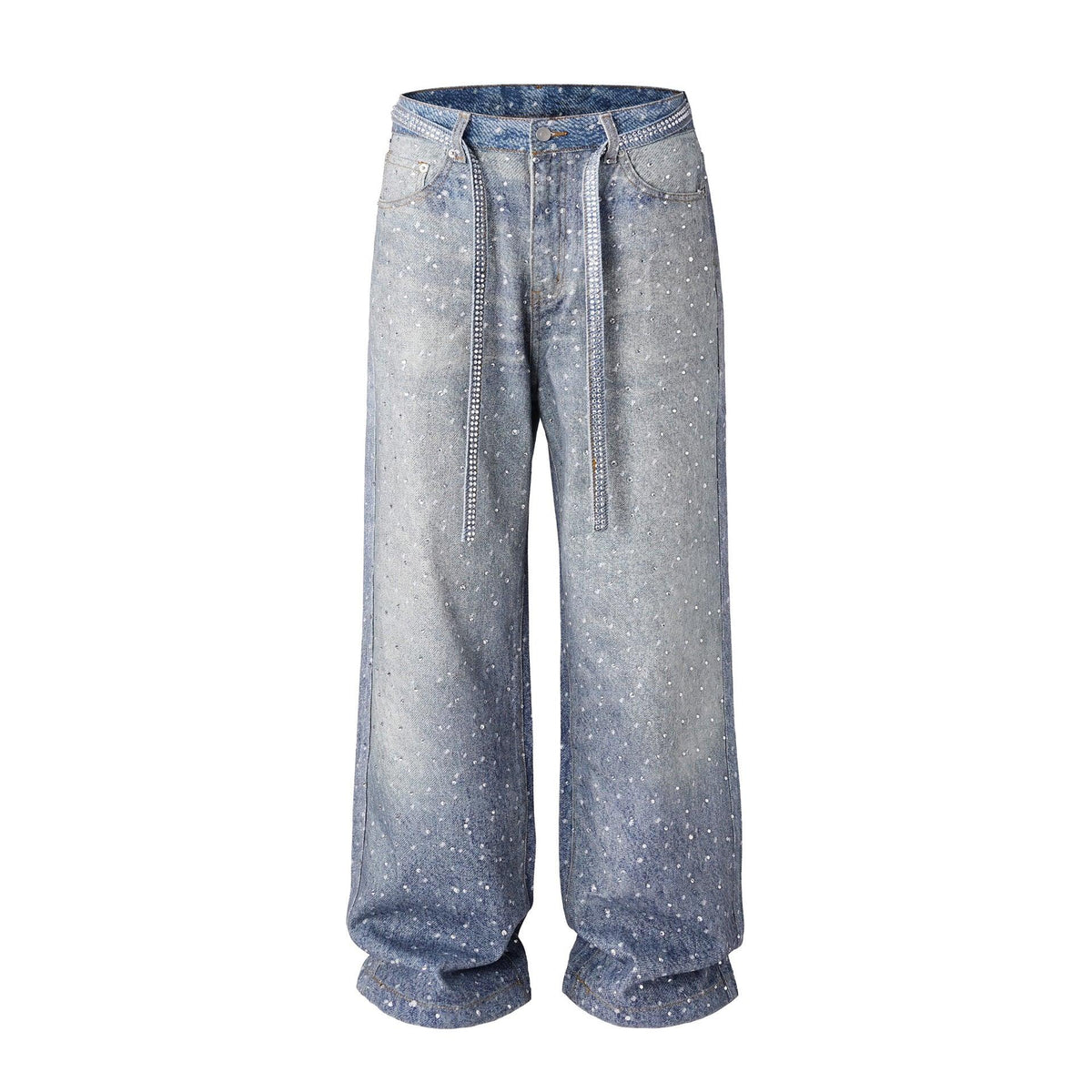 Light blue wide-leg diamond-printed denim jeans with speckled detail