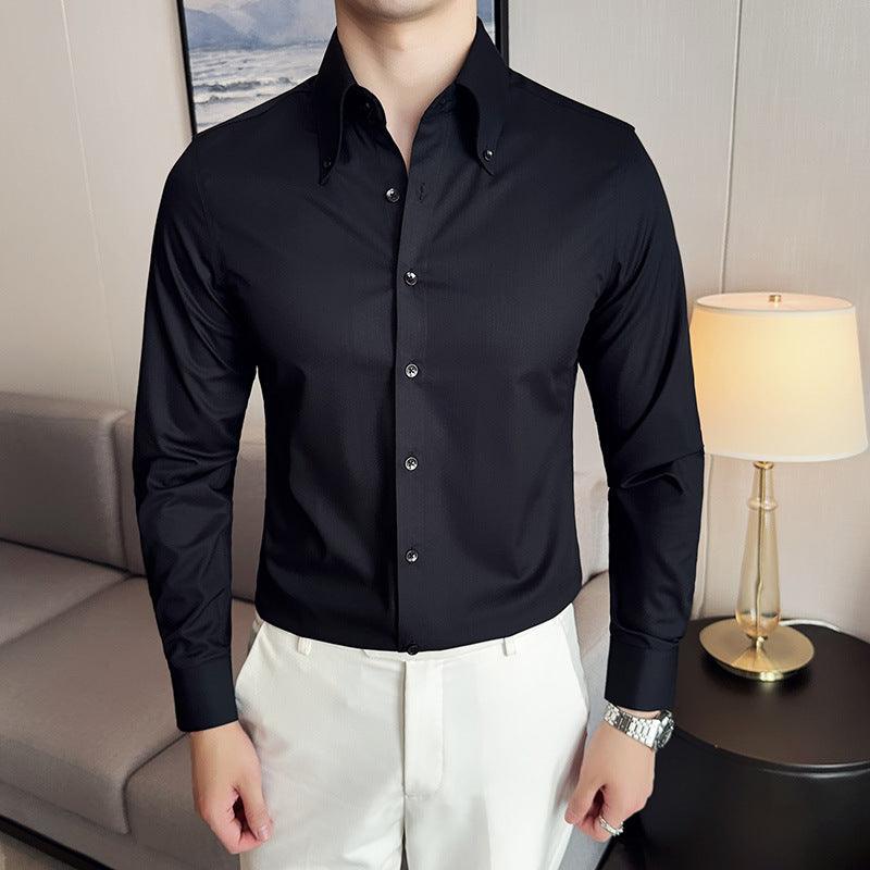 Men's black long-sleeve button-up shirt, pointed collar, single-breasted button front