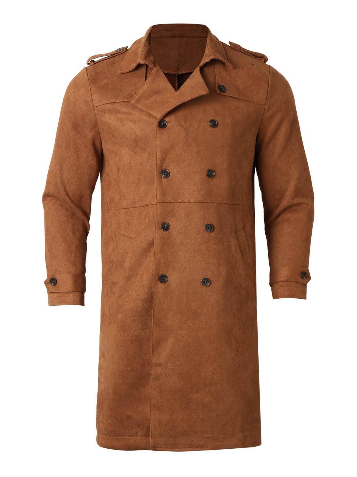 Men's brown suede mid-length double-breasted coat with black buttons and stand collar