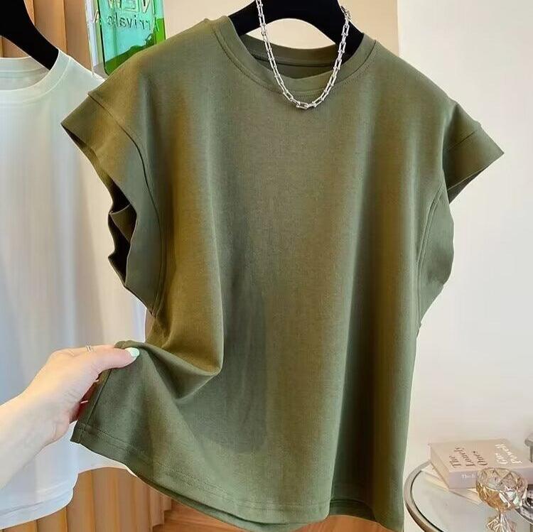 Army green sleeveless loose top with crew neck and short cap sleeves