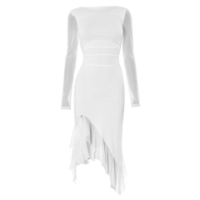 White long-sleeve fitted midi dress with round neck and layered asymmetric ruffled hem