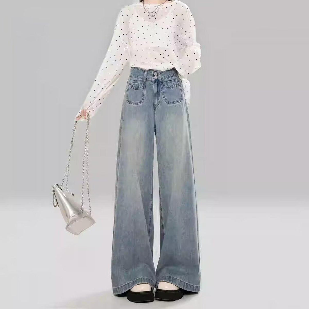 Light blue wide-leg jeans with relaxed rise and front patch pockets