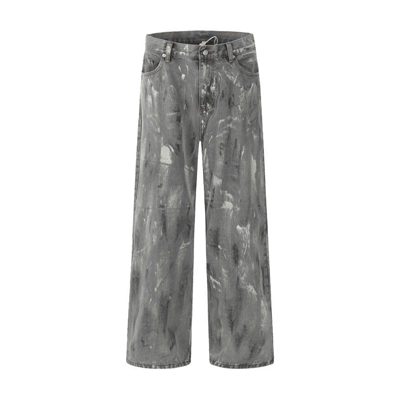 Men's washed gray distressed jeans, full front view with zipper and belt loops