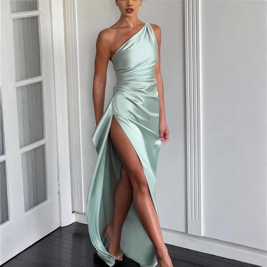Mint satin draped one-shoulder maxi dress with thigh-high split