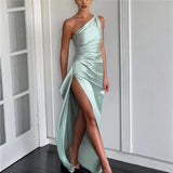 Fashionable Slant Shoulder Split Satin Dress