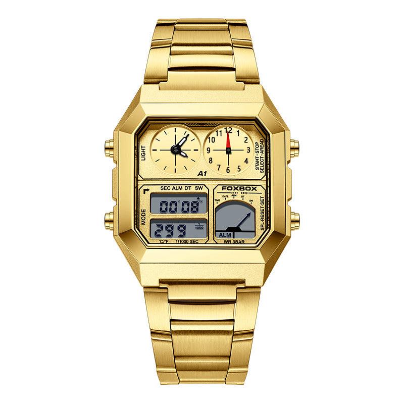 Gold sports watch with octagonal case, dual LCD screens, and metal link bracelet