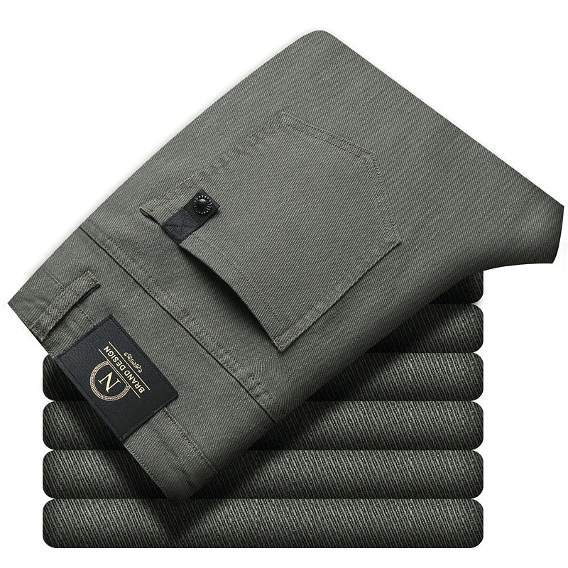 Army green casual stretch trousers folded stack with buttoned front and belt loops
