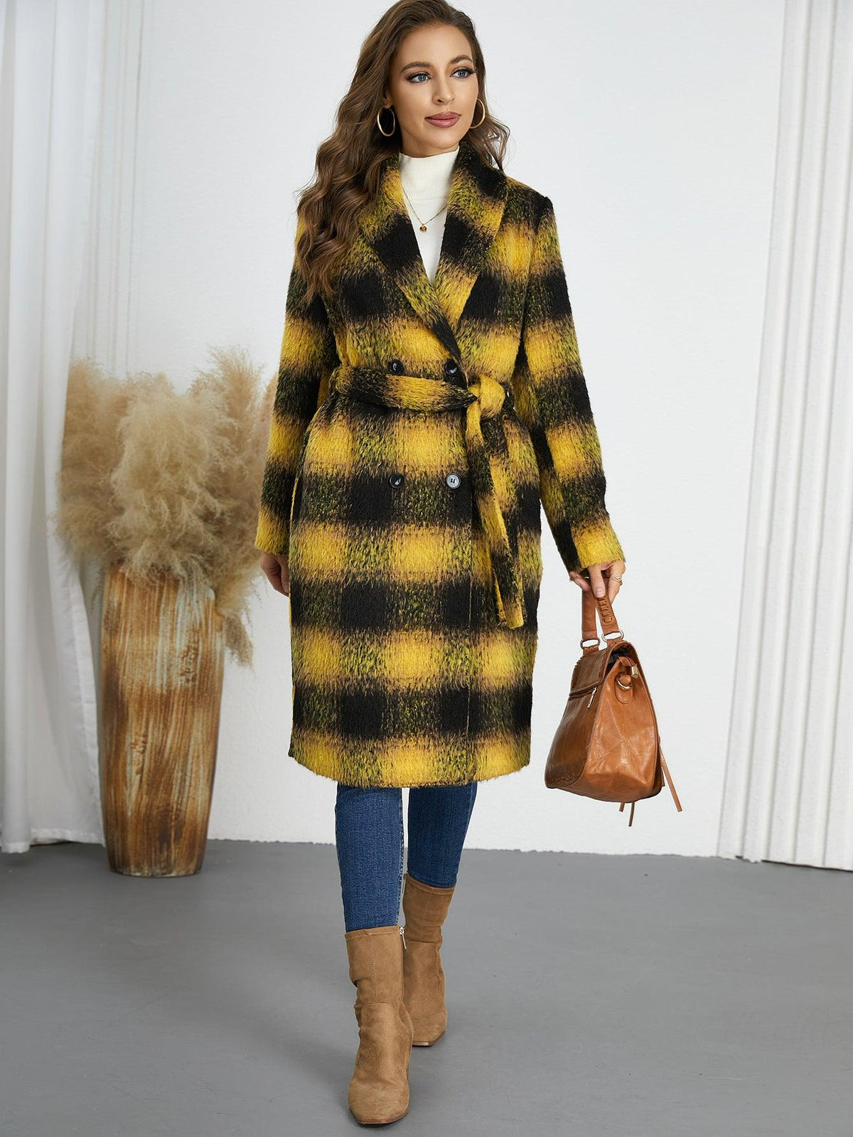 Yellow plaid long belted double-breasted coat with notched lapels and button detailing