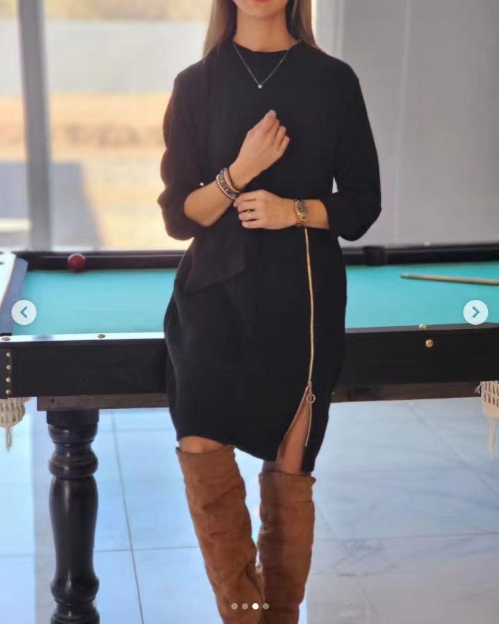 Women’s long-sleeve side-zip split dress, dark color with curved hem opening