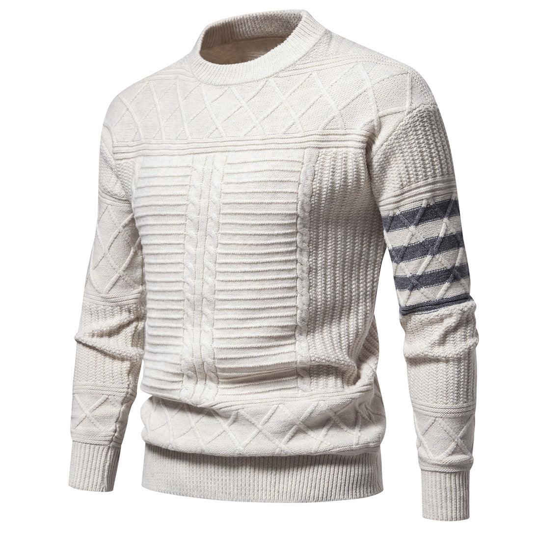 Men's beige knit crewneck sweater with cable texture panels and striped sleeve cuff