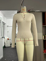 Women's Long Sleeve Breasted V-neck Slim-fit Crop-top - WOMONA.COM