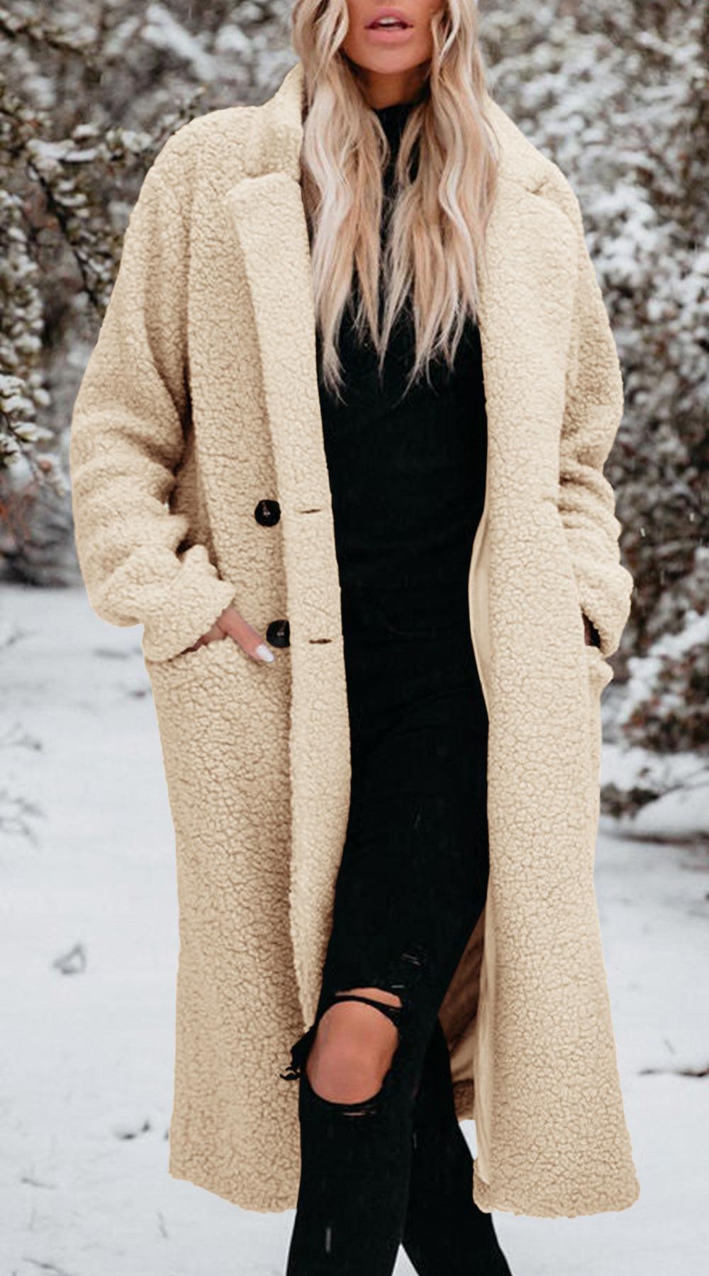 Women’s plush long-sleeve lapel top in cream, button-front long coat with pockets.