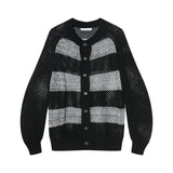 Contrast Color Striped Hollow Knitted Sweater Coat Ins - WOMONA.COM