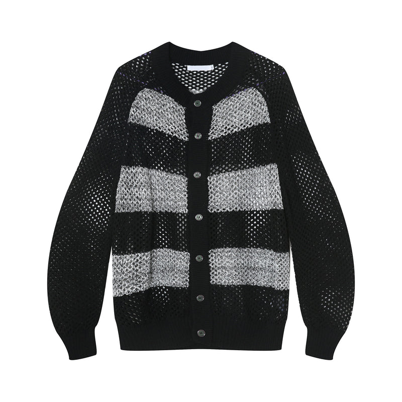 Contrast Color Striped Hollow Knitted Sweater Coat Ins - WOMONA.COM
