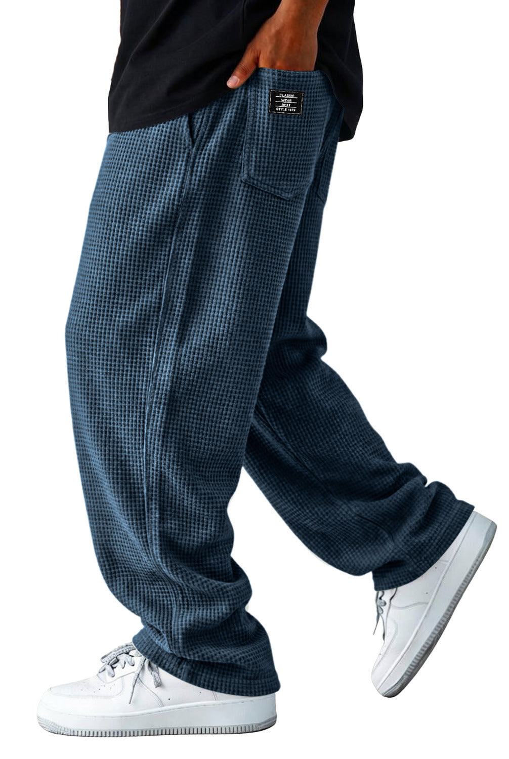 Wide-leg checkered casual pants with elastic waistband and side pocket, teal blue