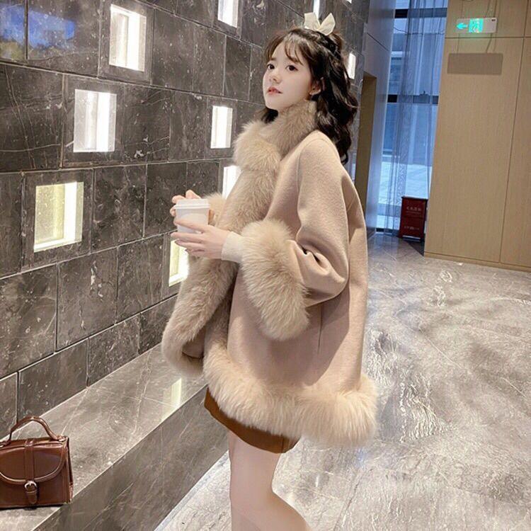 Women’s mid-length faux fur coat in light apricot, long sleeves, open front