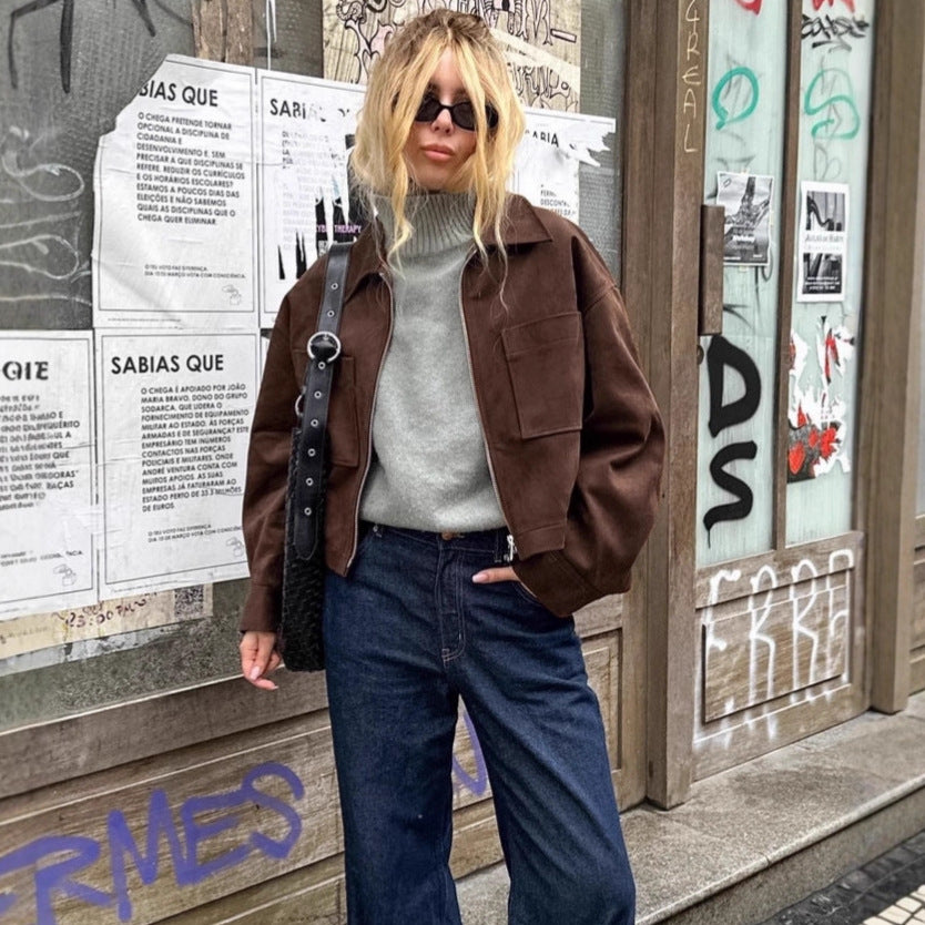 Women's brown stretch suede pocket jacket