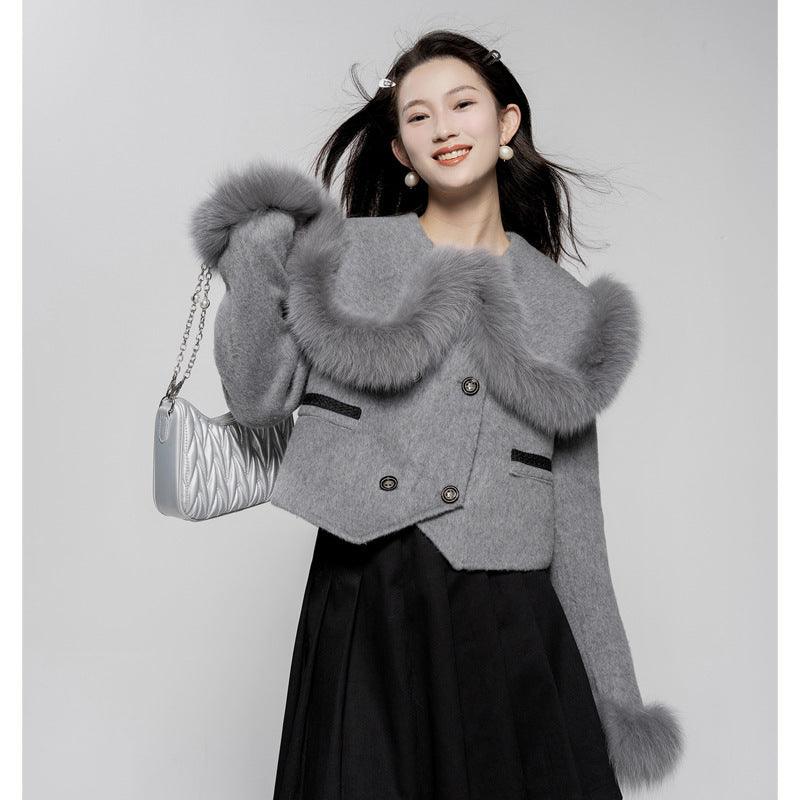 Fox Fur Lapel Sweet Small Short High Waist Woolen Coat