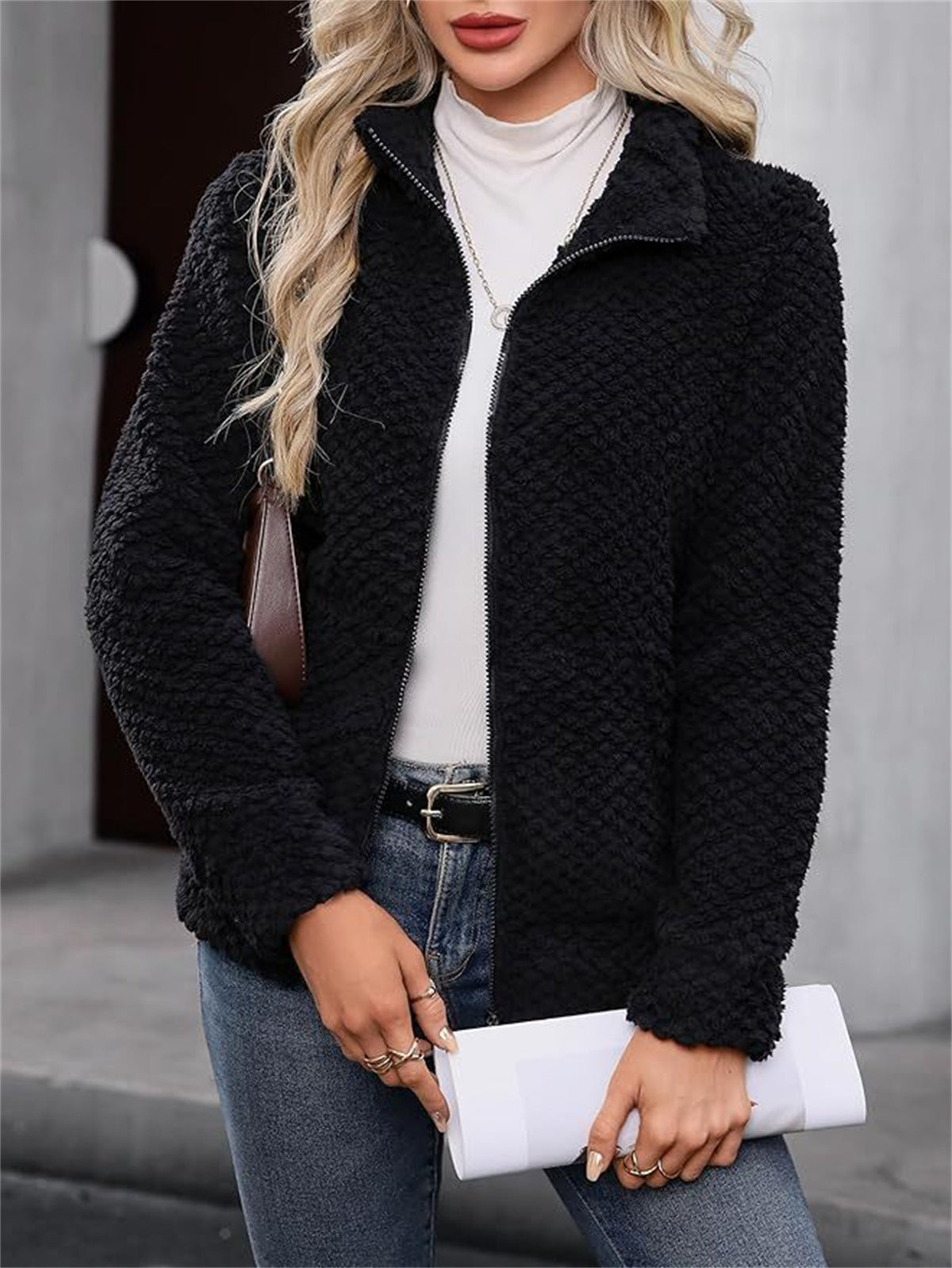 Women’s black padded zip-up fleece-lined jacket with lapel and front pockets
