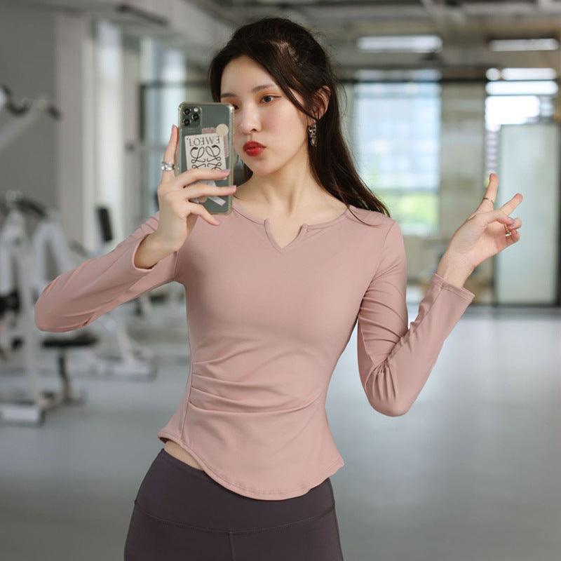 V-neck Tight-fitting Cinched Workout Top - WOMONA.COM
