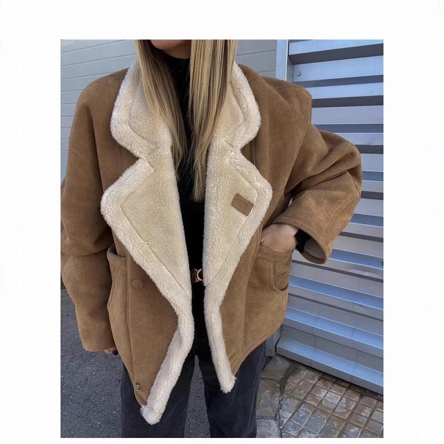 Khaki lamb wool coat with cream sherpa trim, side pockets, cuff detail