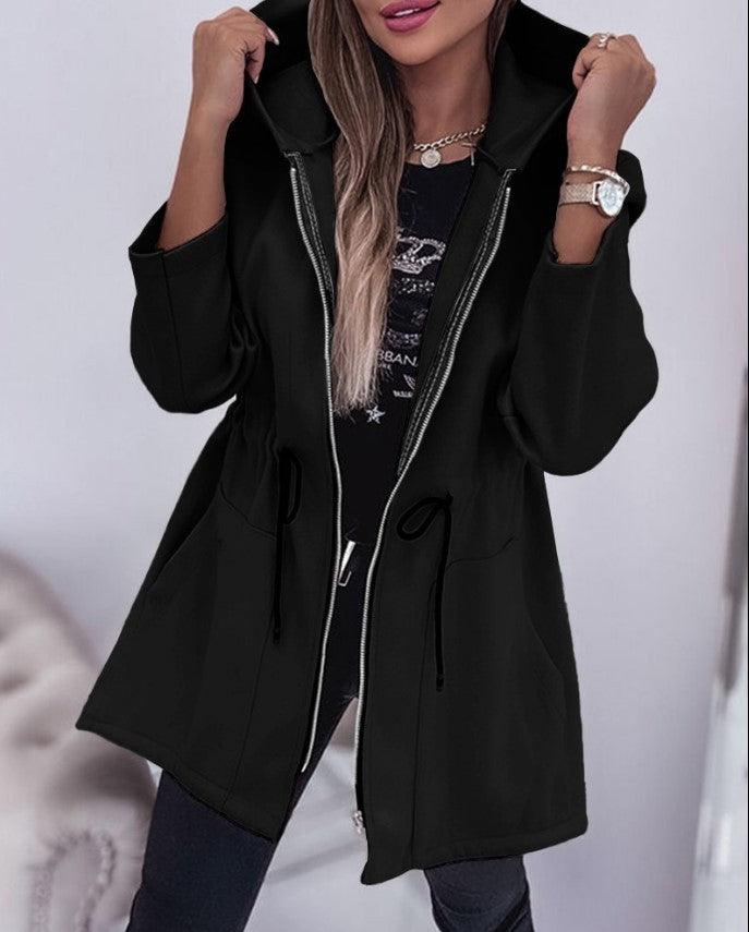 Women’s hooded casual coat in black, zip front, drawstring hood, side pockets