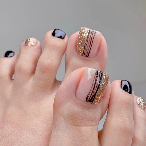 Women's Fashion Black Line Gold Powder Wear Manicure Nails - WOMONA.COM