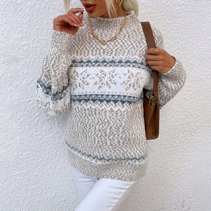 Women's half-turtleneck snowflake knit sweater, cream knit with blue Fair Isle stripes
