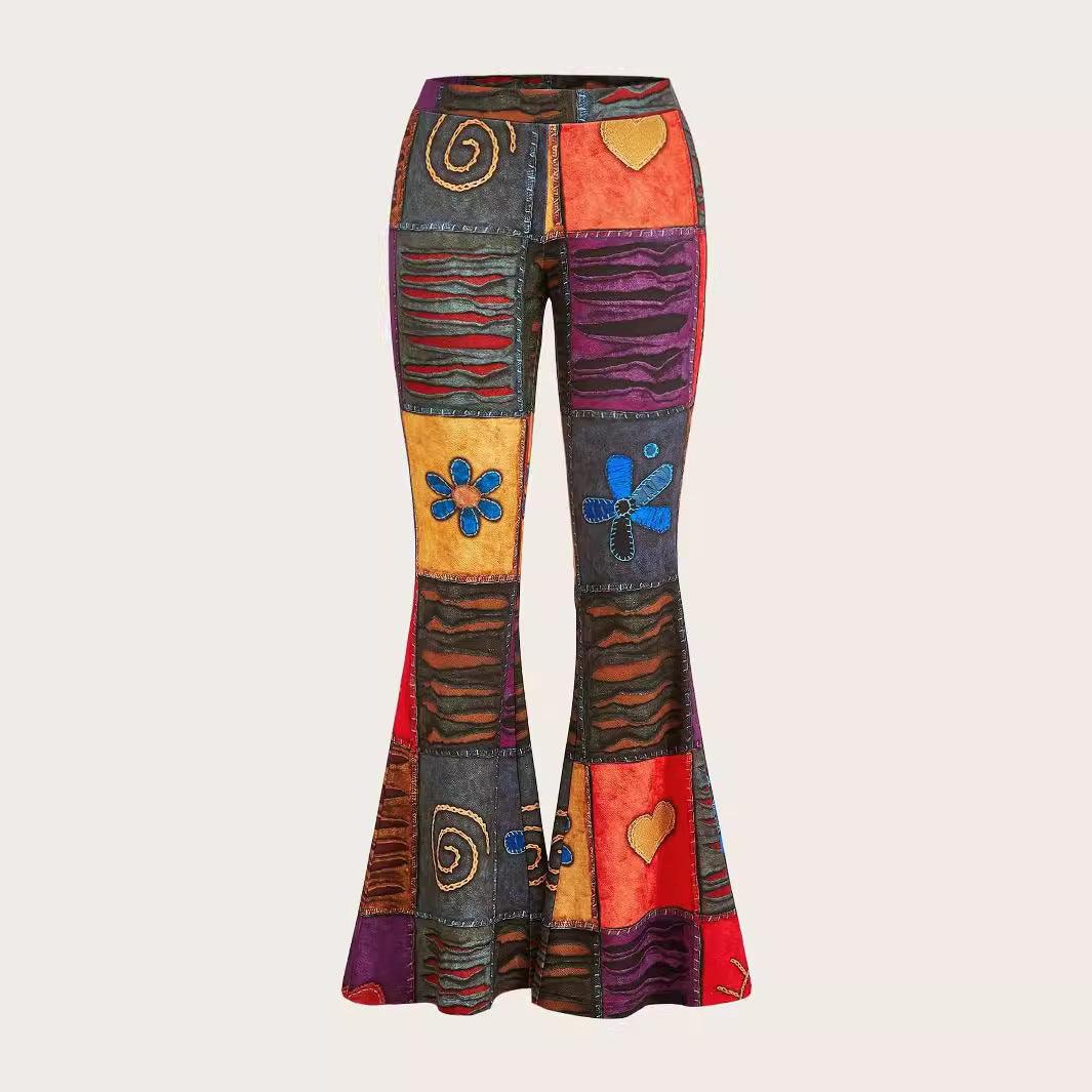 Patchwork bootcut pants with multicolor zebra stripes, swirls, hearts, and flowers