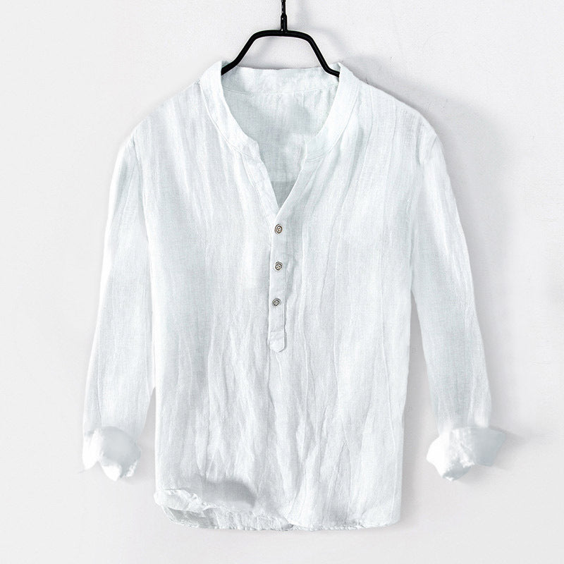 White mens linen-cotton stand-collar shirt with button front, long sleeves