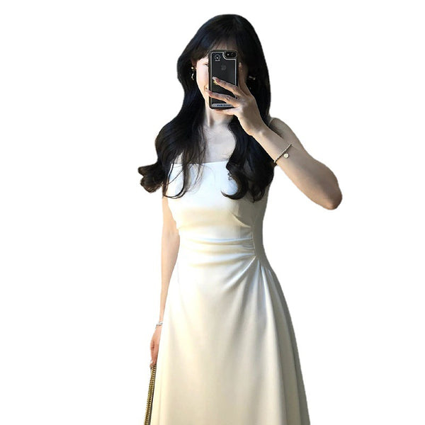 French Style Waist-controlled White Strap Dress - WOMONA.COM