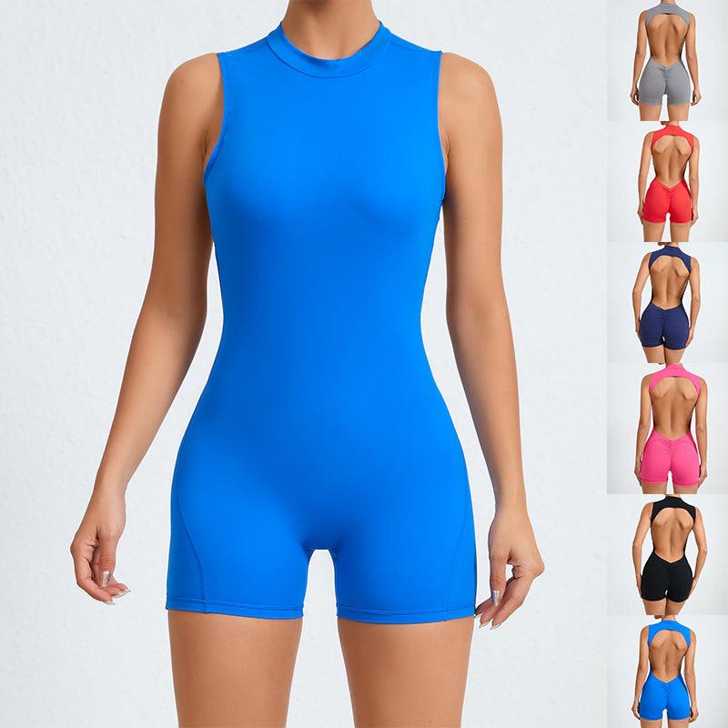 Blue sleeveless yoga jumpsuit with long shorts and fitted crew neckline