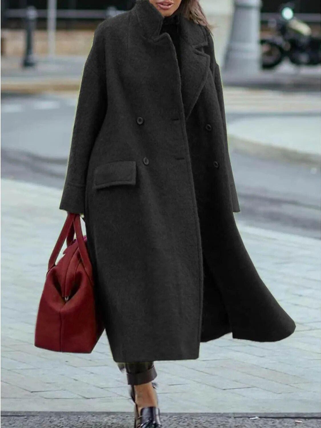 Long dark wool coat with button front, standing collar, and flap side pockets