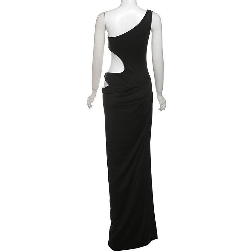 One-shoulder split hip dress in black with midriff cutout and long skirt