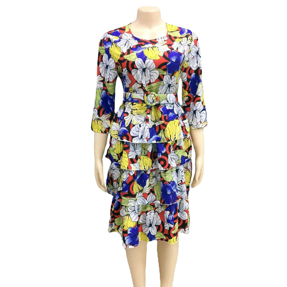 Multicolor Floral Tiered Dress in Extended Sizes — floral tiered dress front mannequin view