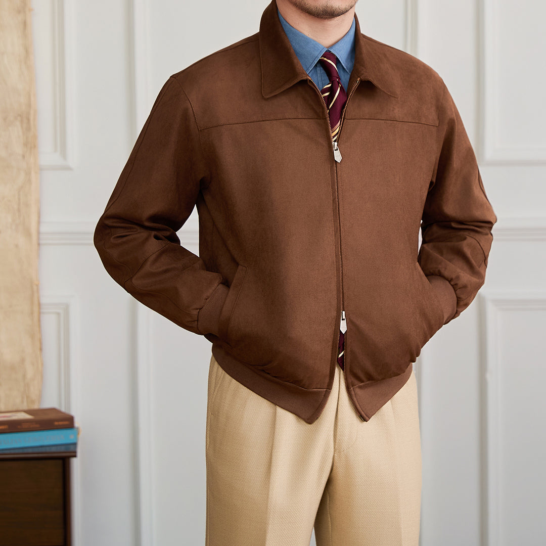 Men's Faux Suede Point-Collar Bomber Jacket, Coffee - product view 1